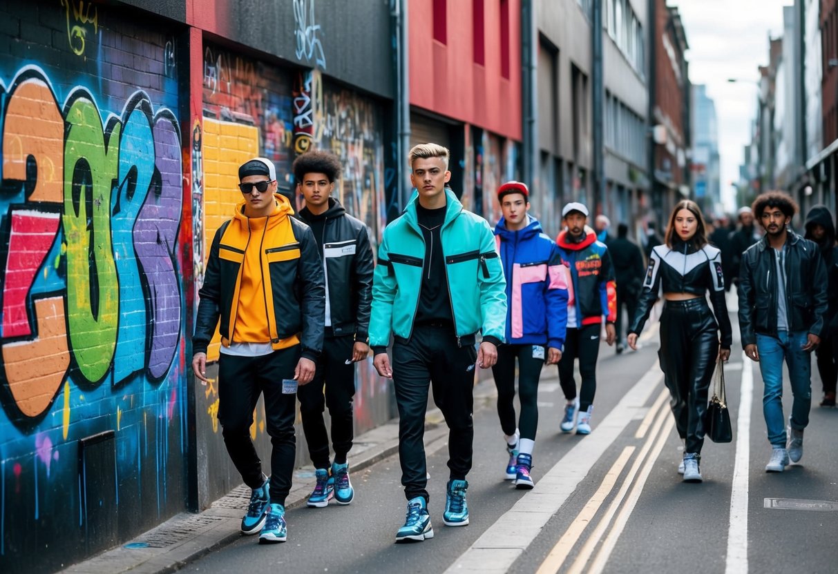 Colorful graffiti-covered walls line a bustling urban street, with young people in futuristic clothing and accessories showcasing the latest street style trends of 2024