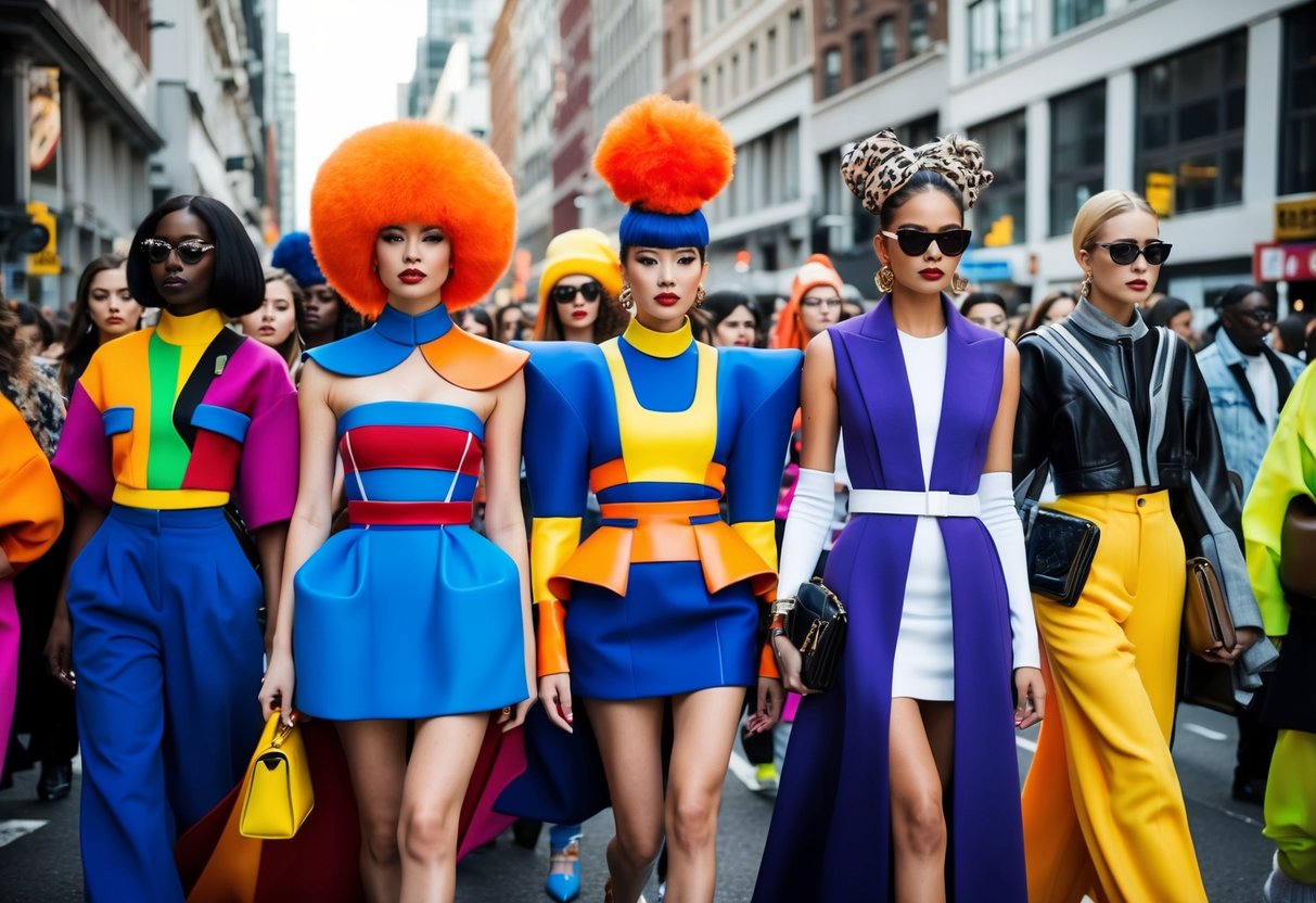 Crowded urban street with diverse fashionistas in futuristic, bold and eclectic outfits. Vibrant colors, oversized silhouettes, and unconventional accessories