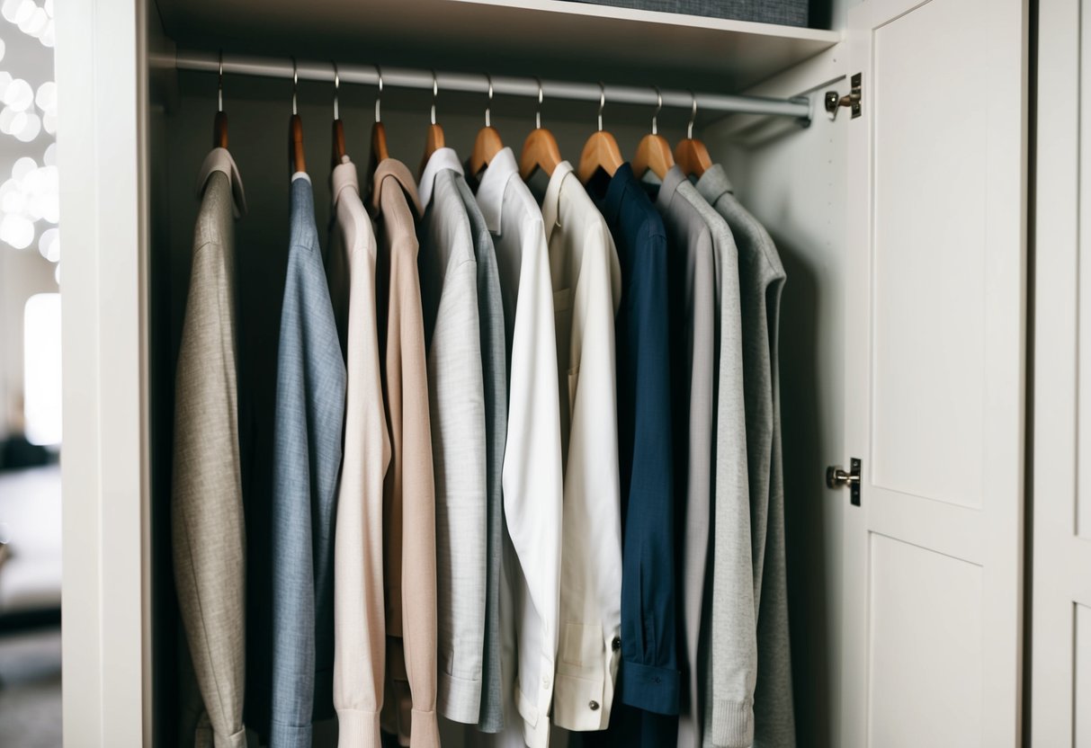 A simple, organized closet with neutral-colored clothing neatly folded and hung