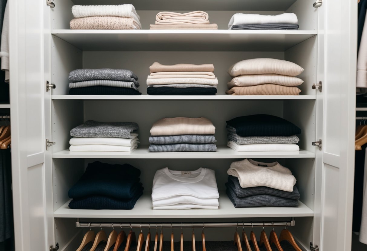 A simple, organized closet with neatly folded essential tops in neutral colors