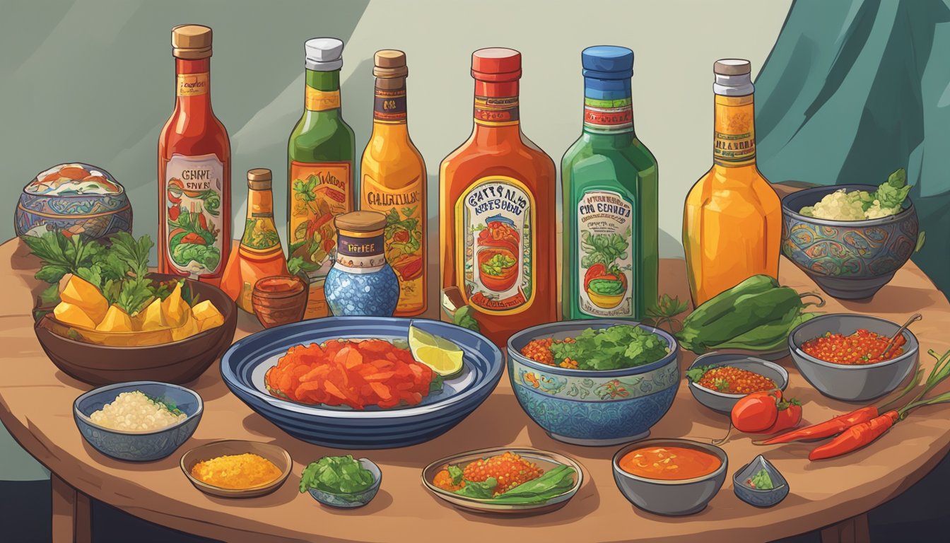 A bottle of Crystal hot sauce sits on a table surrounded by various dishes from different cultures, symbolizing its widespread cultural impact