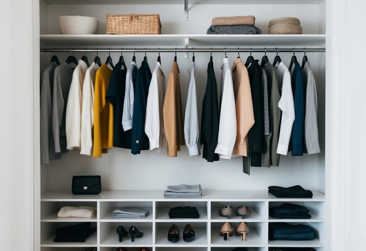 A minimalist closet with a small selection of versatile, high-quality clothing items neatly organized on hangers and shelves