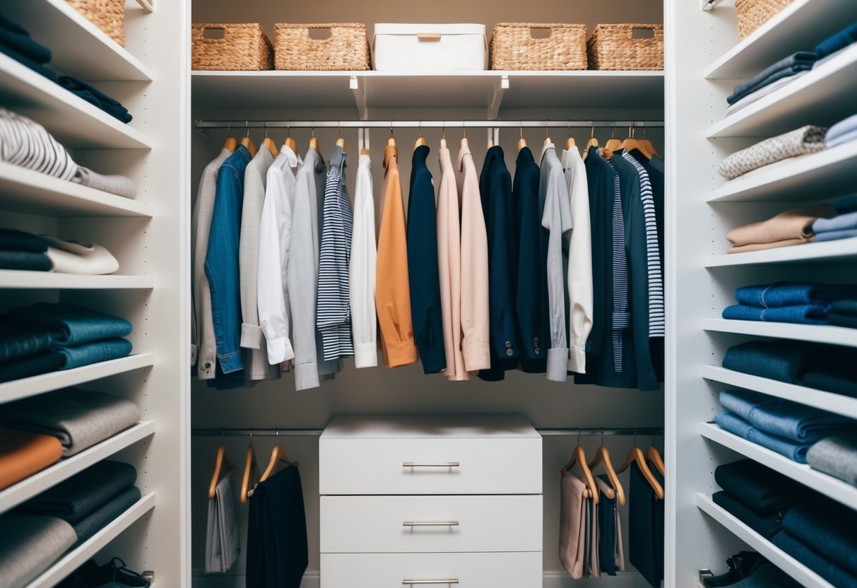 A neatly organized closet with a limited selection of versatile clothing items neatly folded and hung