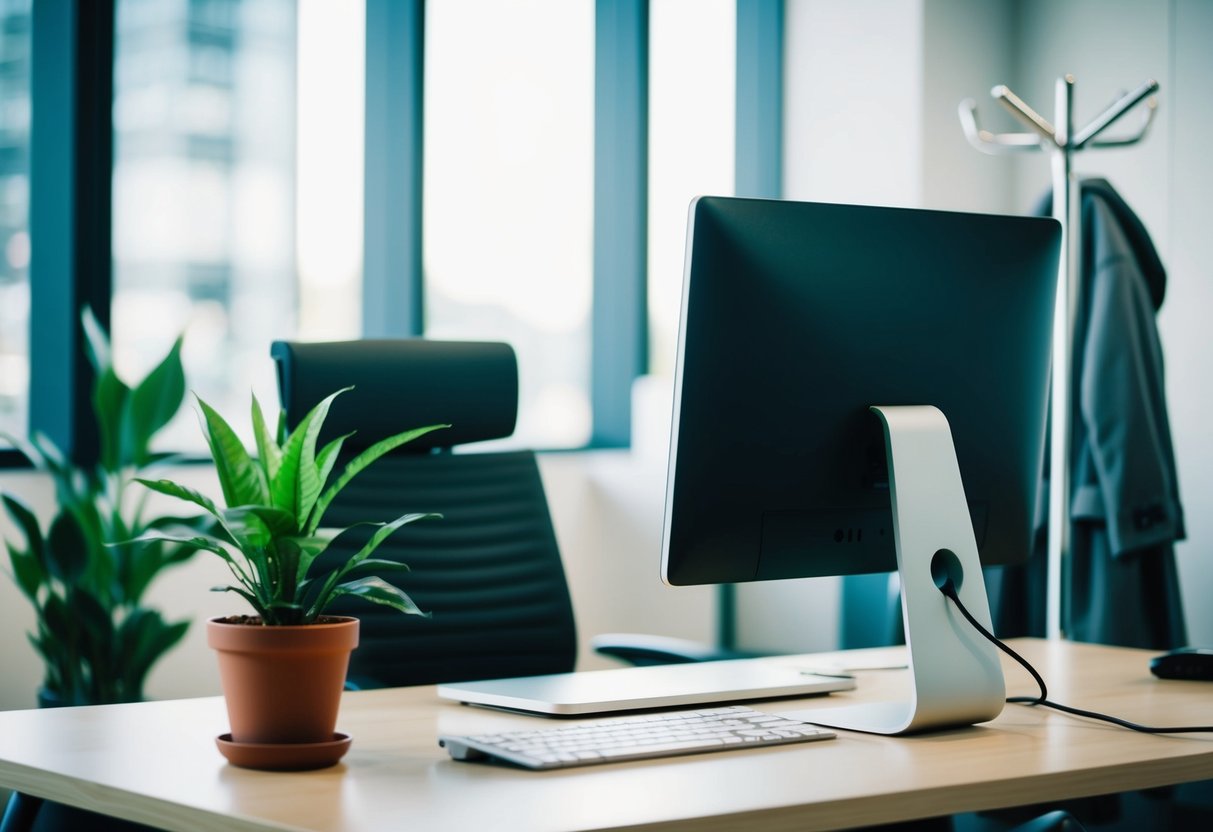 A modern office setting with a desk, computer, and potted plant. A chair and coat rack are in the background