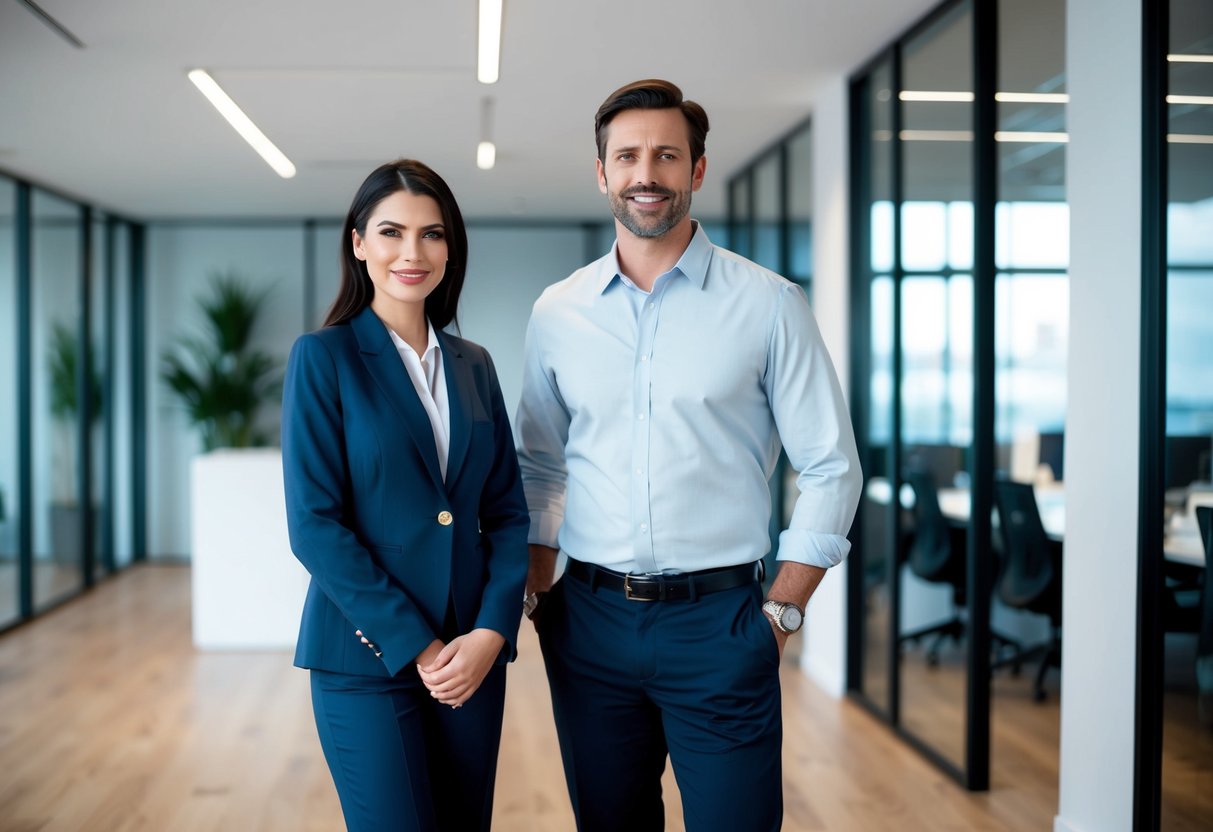 A well-dressed man and woman stand in a modern office setting, wearing stylish business casual attire. The woman wears a tailored blazer and trousers, while the man wears a button-up shirt and chinos