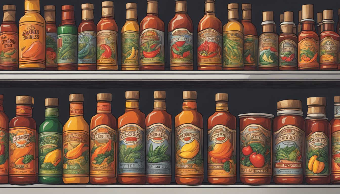 A hand reaching for various bottles of Torchbearer hot sauces on a store shelf