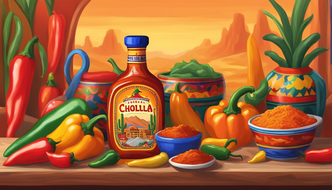 A bottle of Cholula hot sauce surrounded by vibrant red chili peppers and colorful Mexican pottery