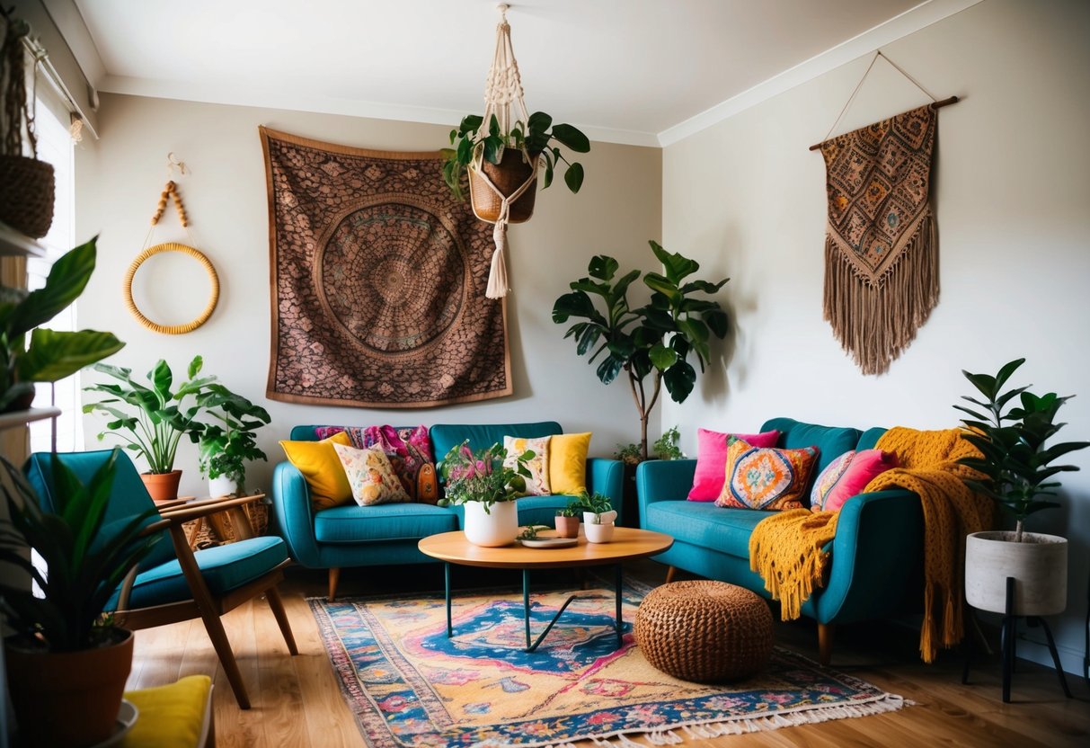 A cozy living room with eclectic furniture, plants, and colorful textiles. A tapestry hangs on the wall, and a macramé plant hanger dangles from the ceiling