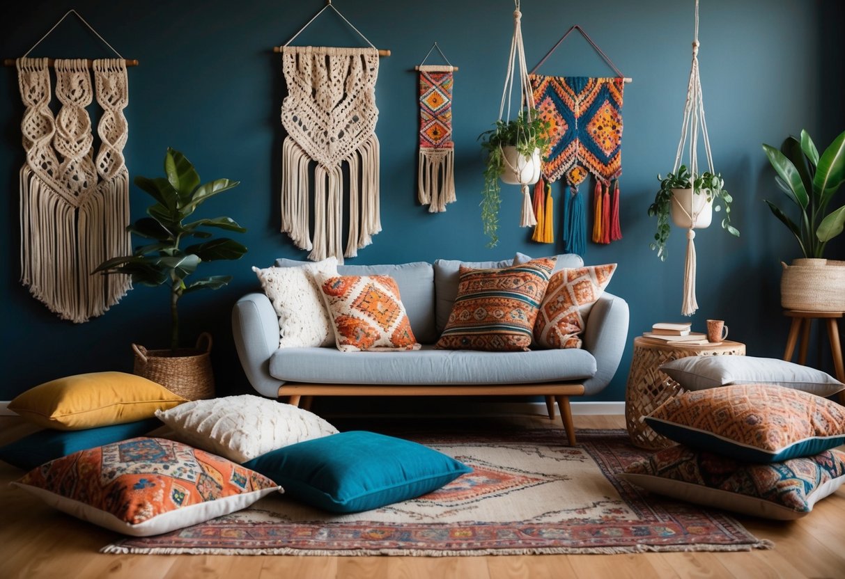 A cozy living room with floor cushions, macrame wall hangings, and a mix of colorful patterns on furniture and textiles. A hanging plant and vintage rug complete the boho vibe