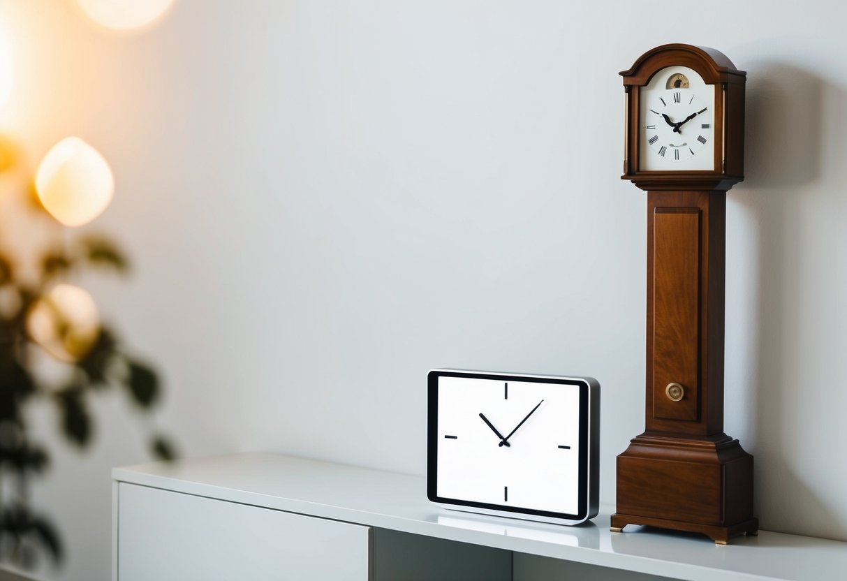 A classic grandfather clock stands next to a sleek, minimalist digital clock on a clean, modern shelf