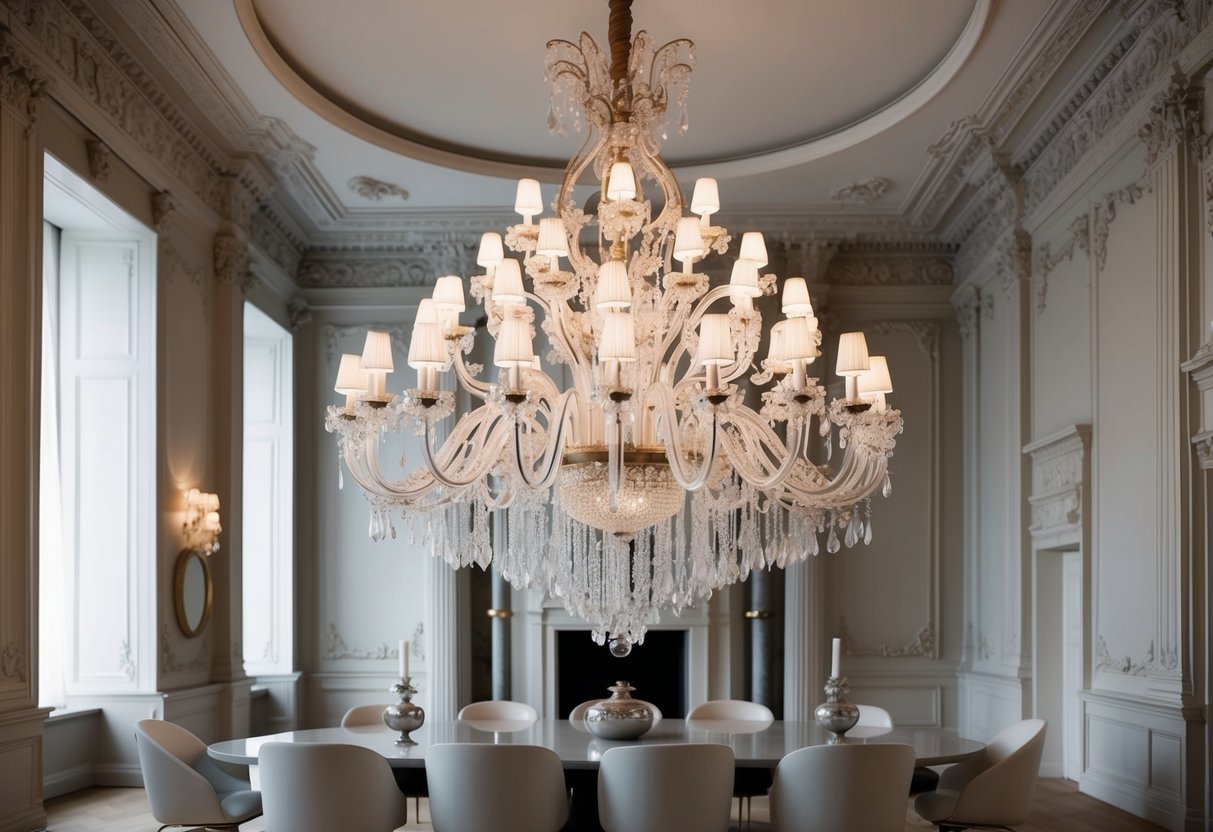 A grand, ornate chandelier hangs in a ballroom with intricate molding and classical architecture, contrasting with sleek, modern furniture and minimalist decor