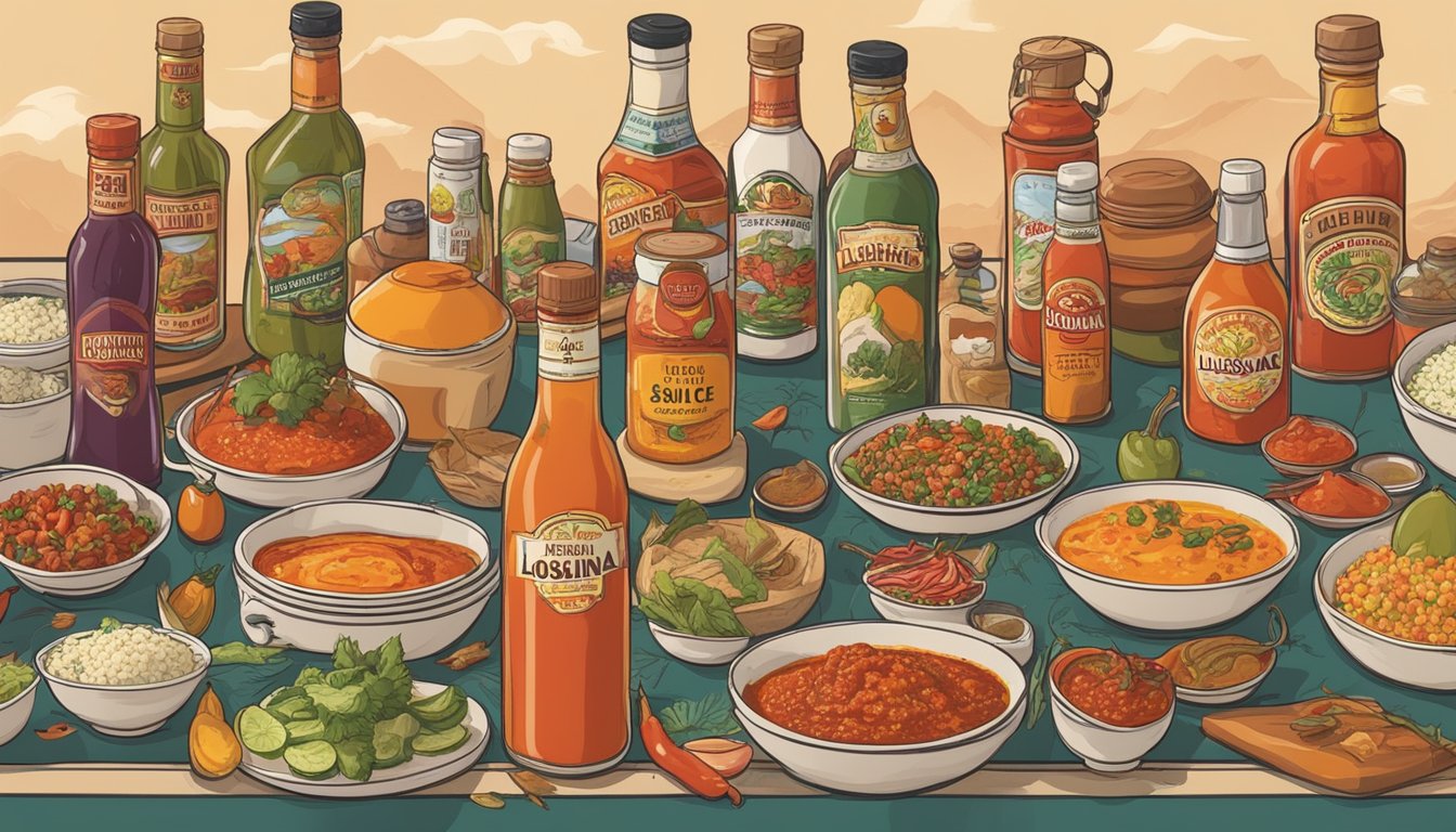 A bottle of Louisiana hot sauce surrounded by various dishes and ingredients, with people from different cultures enjoying the spicy condiment