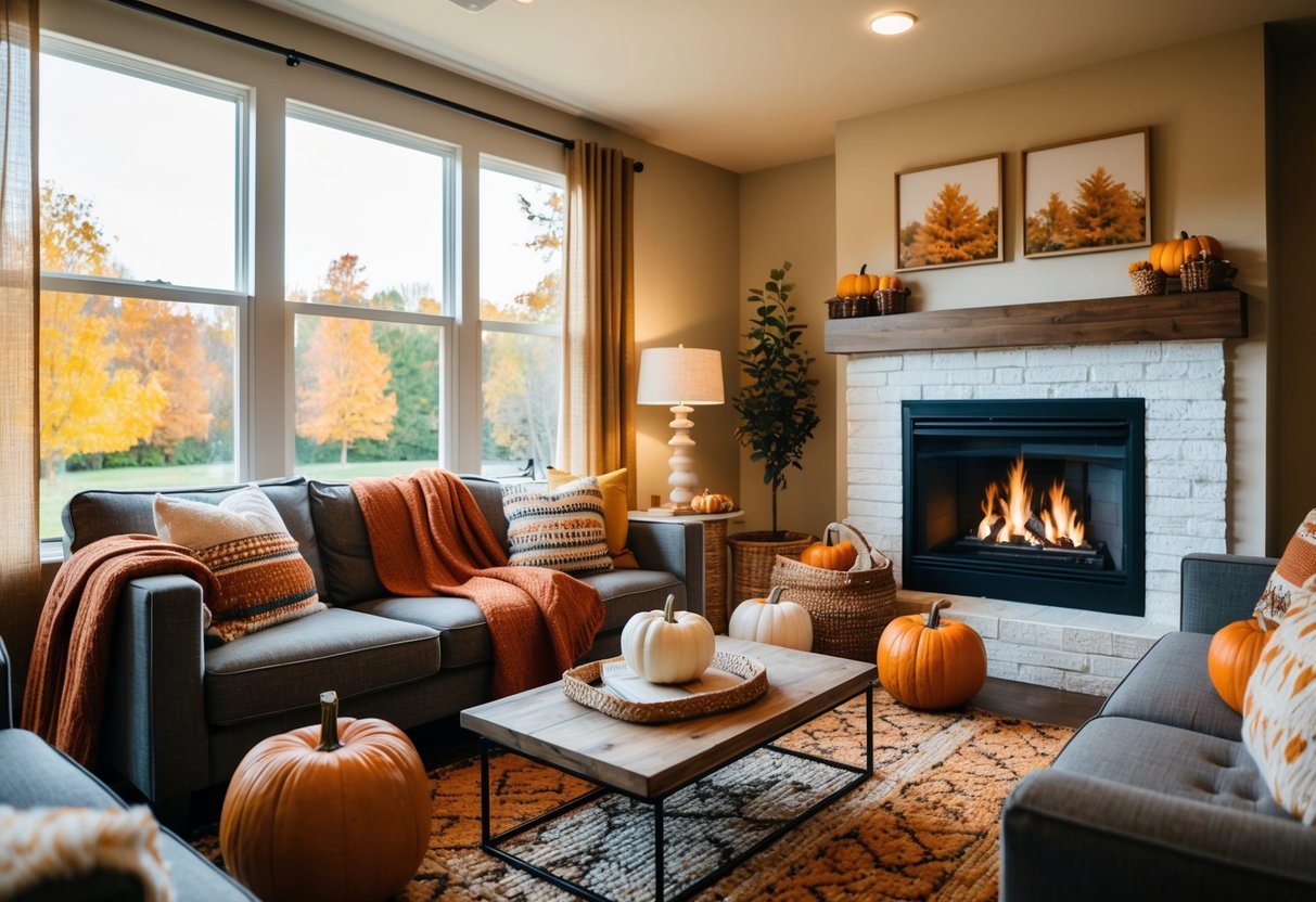 A cozy living room with fall-themed decor: pumpkins, warm-colored throw blankets, and a crackling fireplace. Outside, trees are changing colors