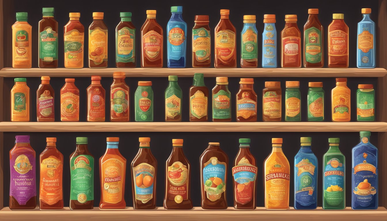 A shelf lined with glowing bottles of Torchbearer sauces, adorned with award badges and recognitions