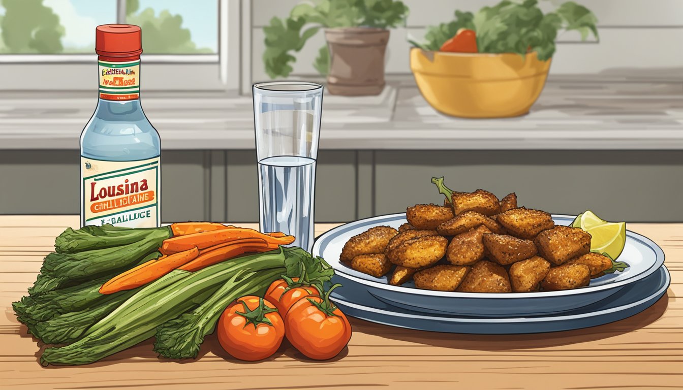 A bottle of Louisiana hot sauce next to a plate of grilled vegetables and a glass of water