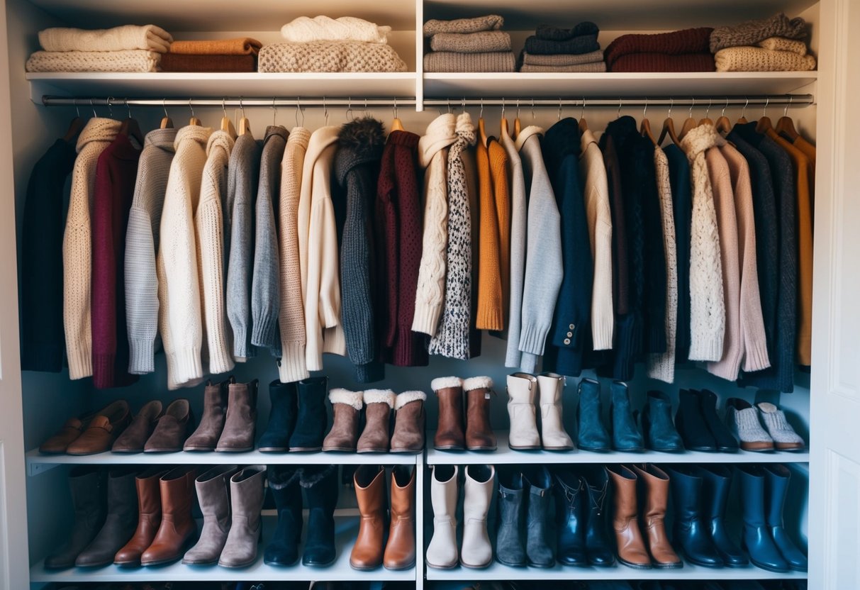 A cozy closet filled with sweaters, scarves, boots, and coats arranged neatly on hangers and shelves, ready for the fall and winter seasons