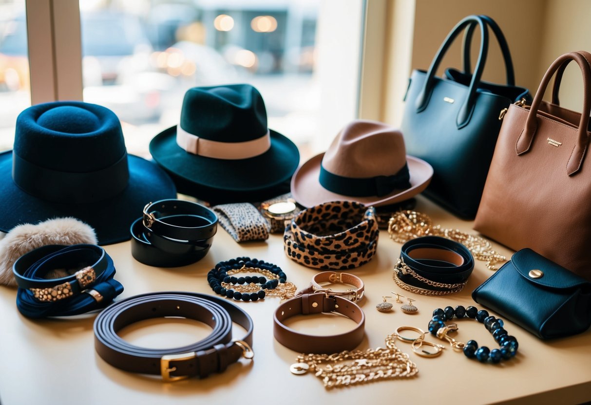 A table with various accessories: scarves, hats, belts, jewelry, and handbags laid out neatly for selection