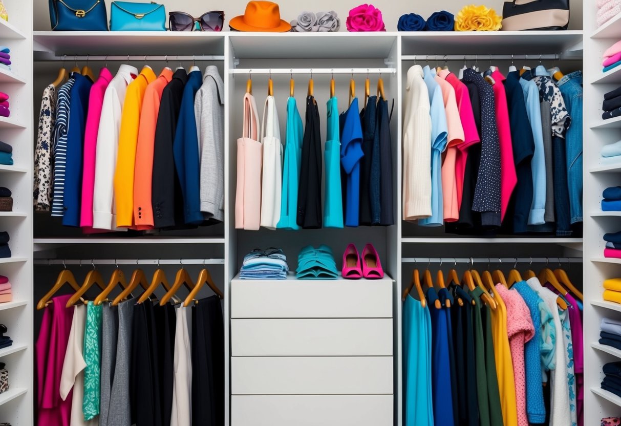 A closet with neatly arranged colorful accessories and clothing items, showcasing various combinations of color coordination and contrast