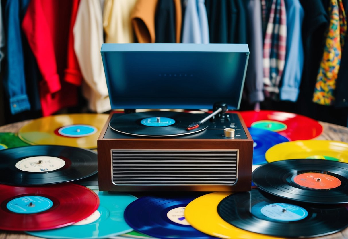 A vintage record player surrounded by colorful vinyl records and retro clothing items