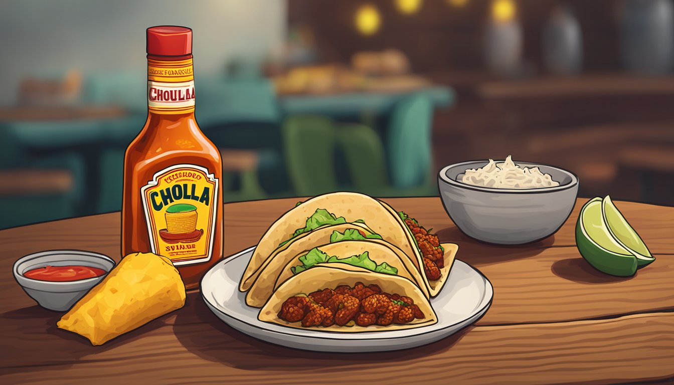 A bottle of Cholula hot sauce sits on a wooden table next to a plate of tacos, with a drizzle of sauce on top