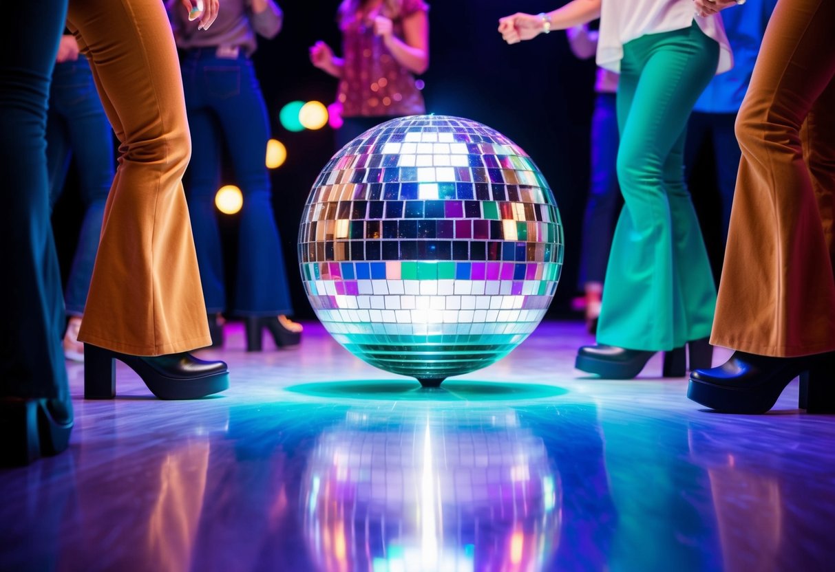 A disco ball reflecting colorful lights onto a dance floor surrounded by people wearing bell-bottoms and platform shoes