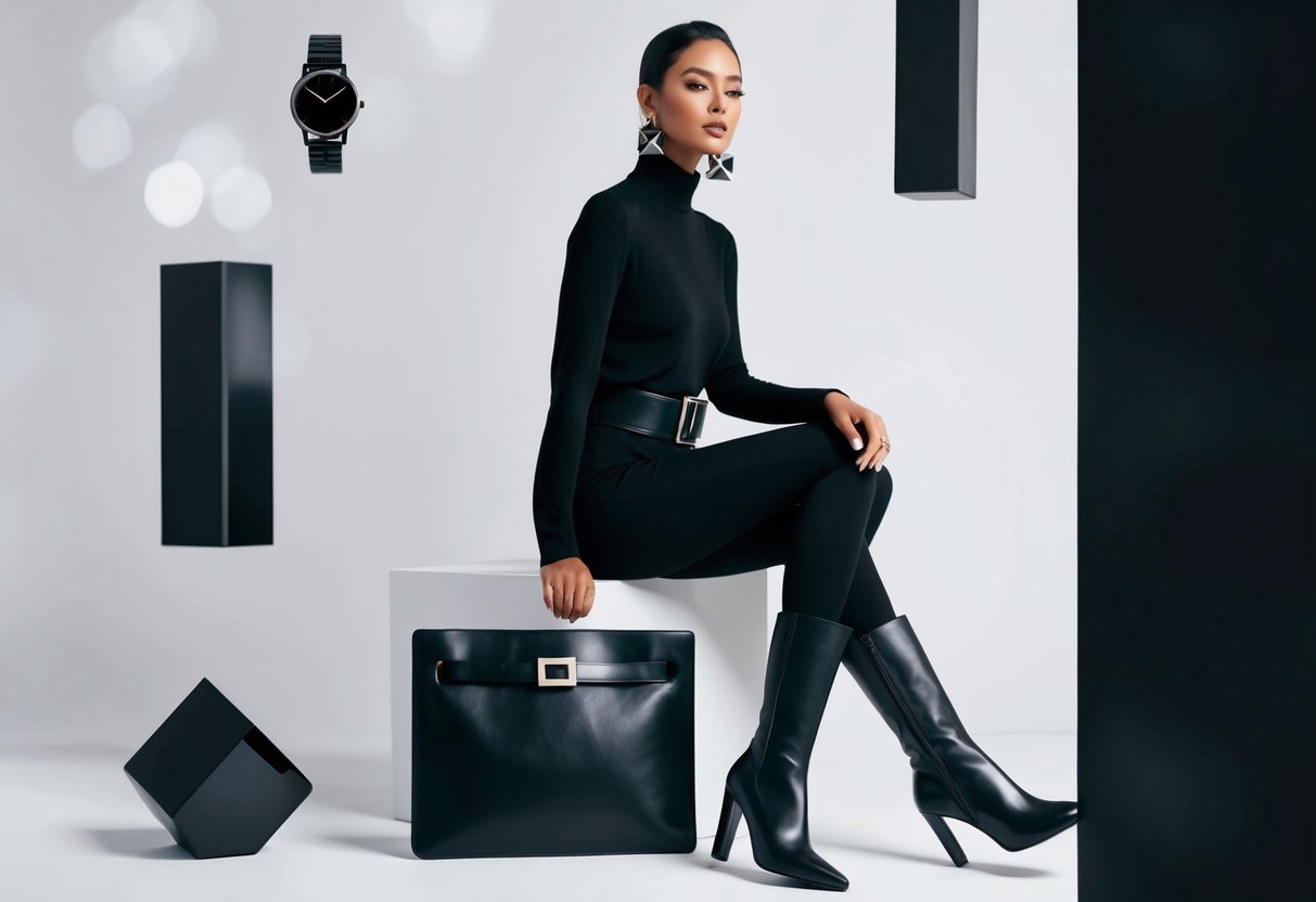 A sleek, all-black outfit with a statement belt and matching boots, against a backdrop of minimalist, modern accessories like a sleek watch and geometric earrings