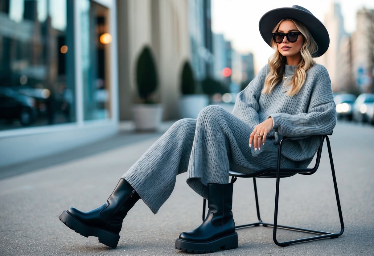 An oversized sweater draped over a chair, paired with loose-fitting pants and chunky boots. A wide-brimmed hat and statement sunglasses add to the stylish, relaxed look