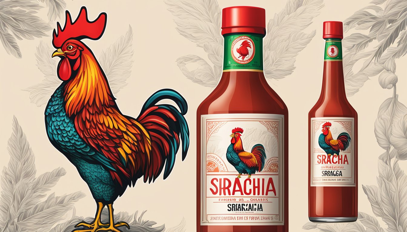 A bottle of Sriracha hot sauce with a red rooster logo on the label