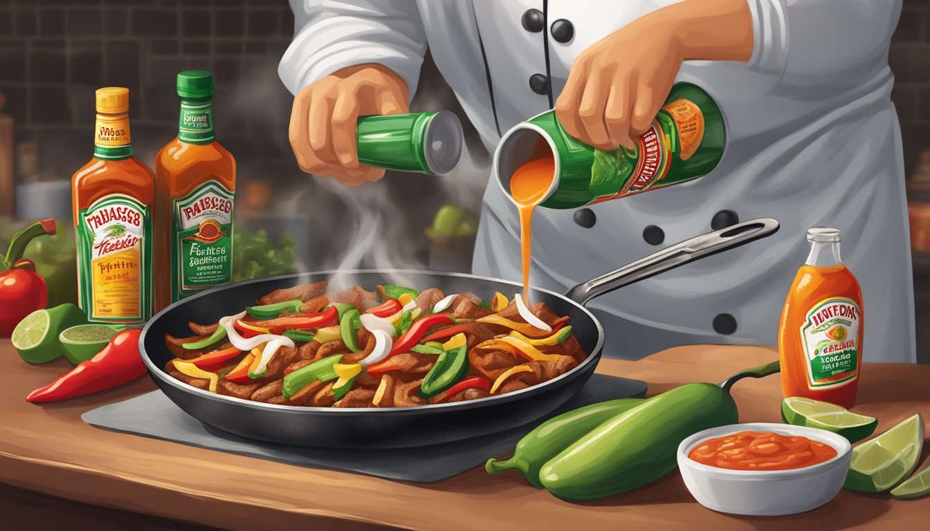 A chef pouring Tabasco hot sauce onto a sizzling skillet of fajitas