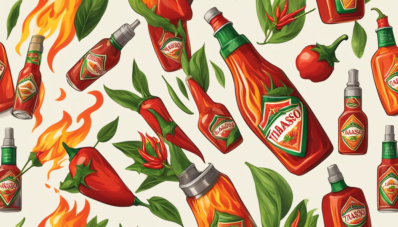 A bottle of Tabasco hot sauce surrounded by chili peppers and flames