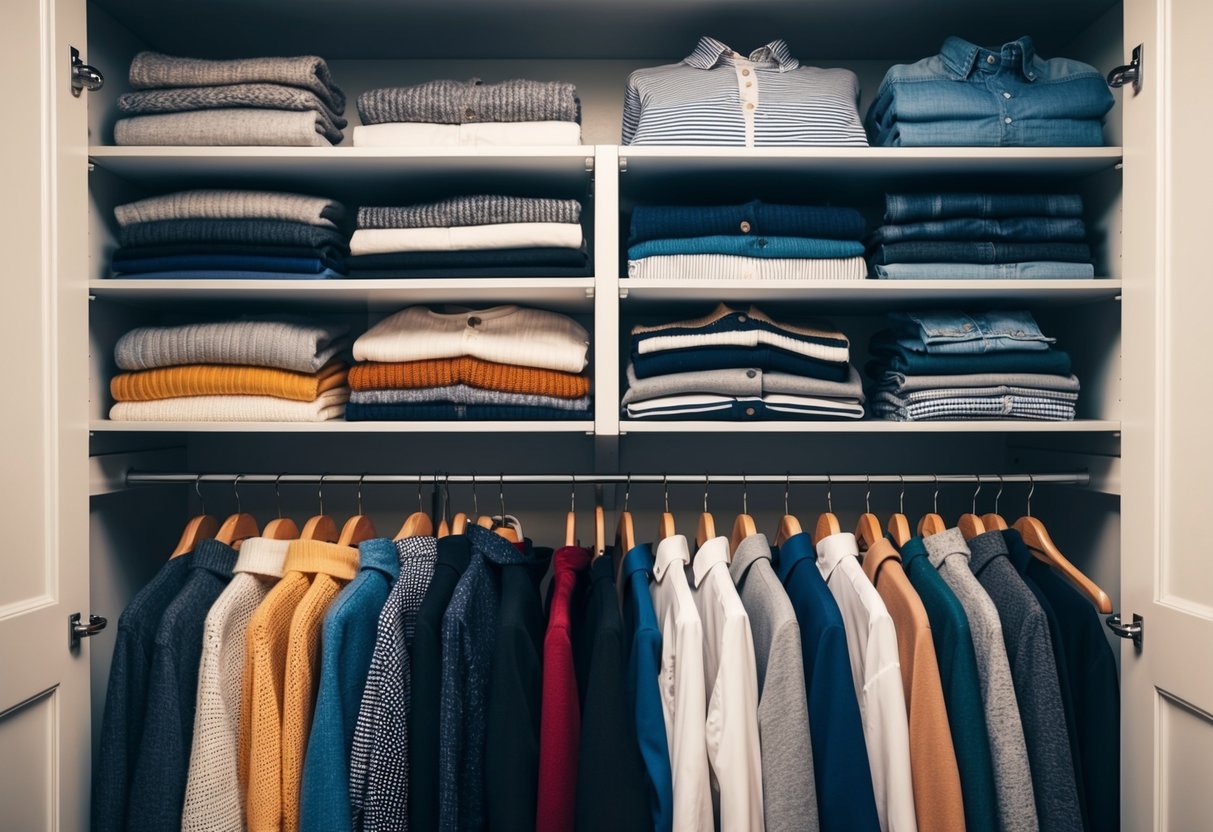 A closet with neatly stacked and hanging layers of clothing, including sweaters, shirts, and jackets, organized by color and type