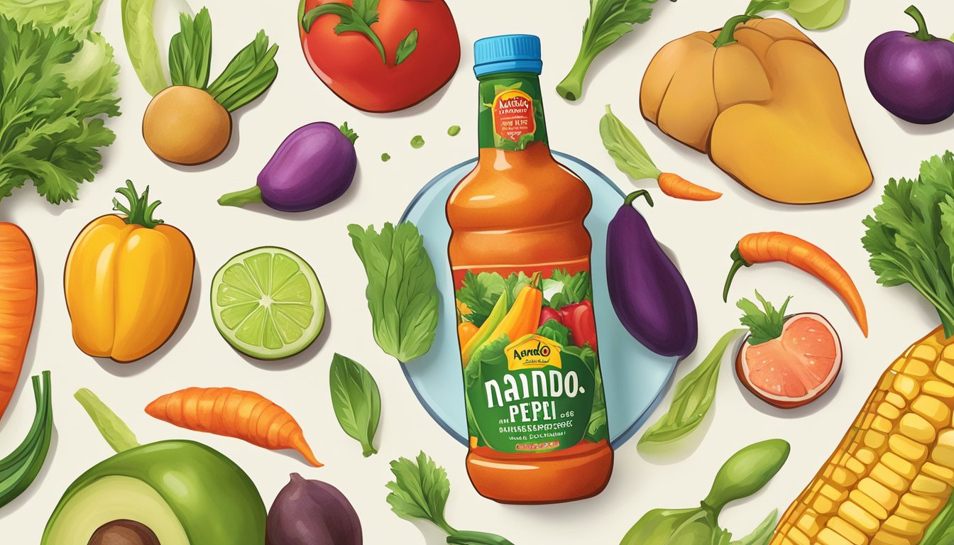 A bottle of Nando's Peri-Peri hot sauce surrounded by fresh, colorful vegetables and fruits, with a focus on health and nutrition