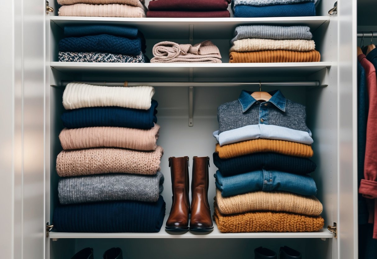 A closet with neatly stacked sweaters, shirts, and jackets in various colors and textures. A pair of boots and a scarf are placed on a shelf