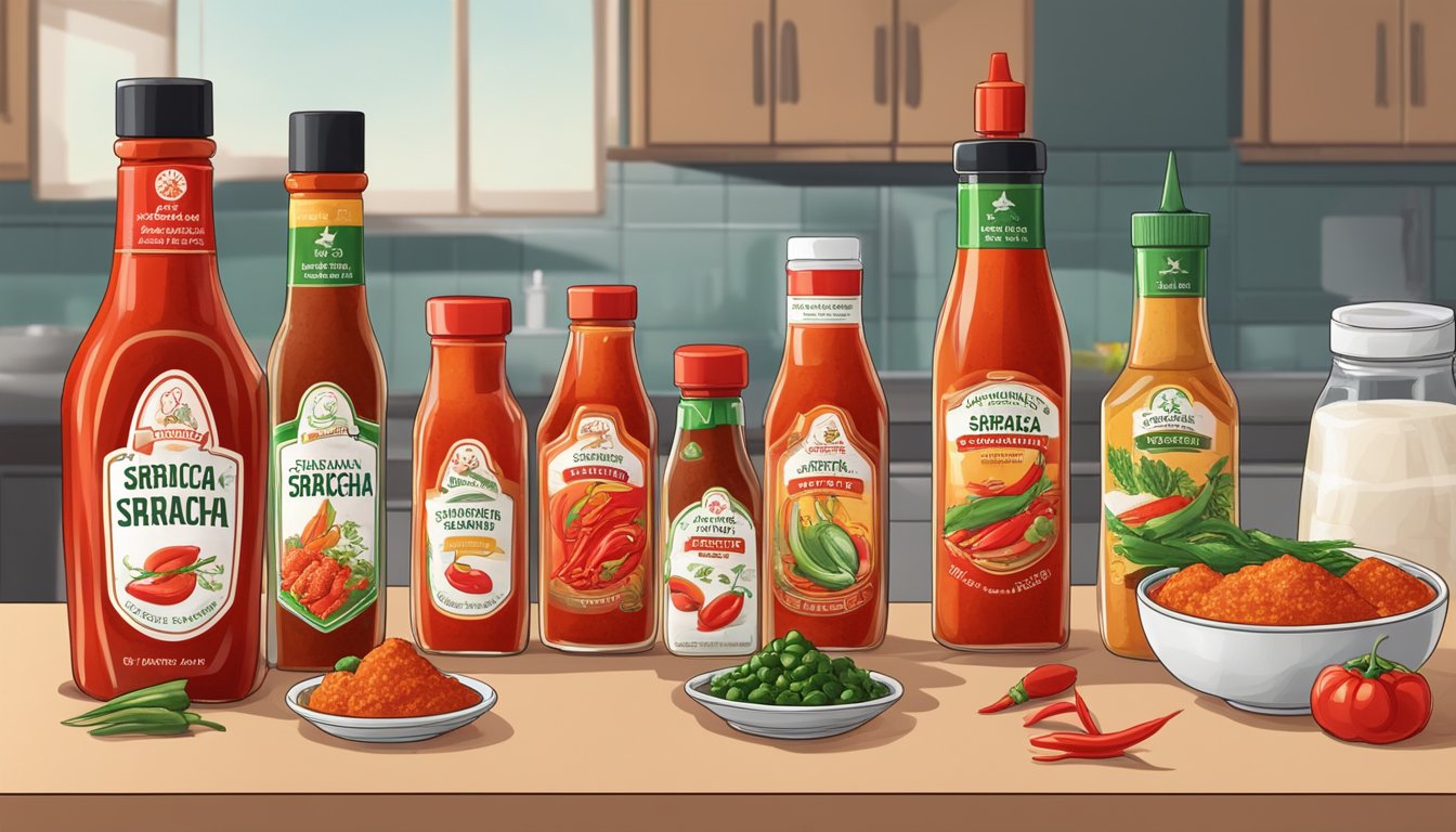 A bottle of Sriracha hot sauce surrounded by different types of spicy and savory sauces on a kitchen counter