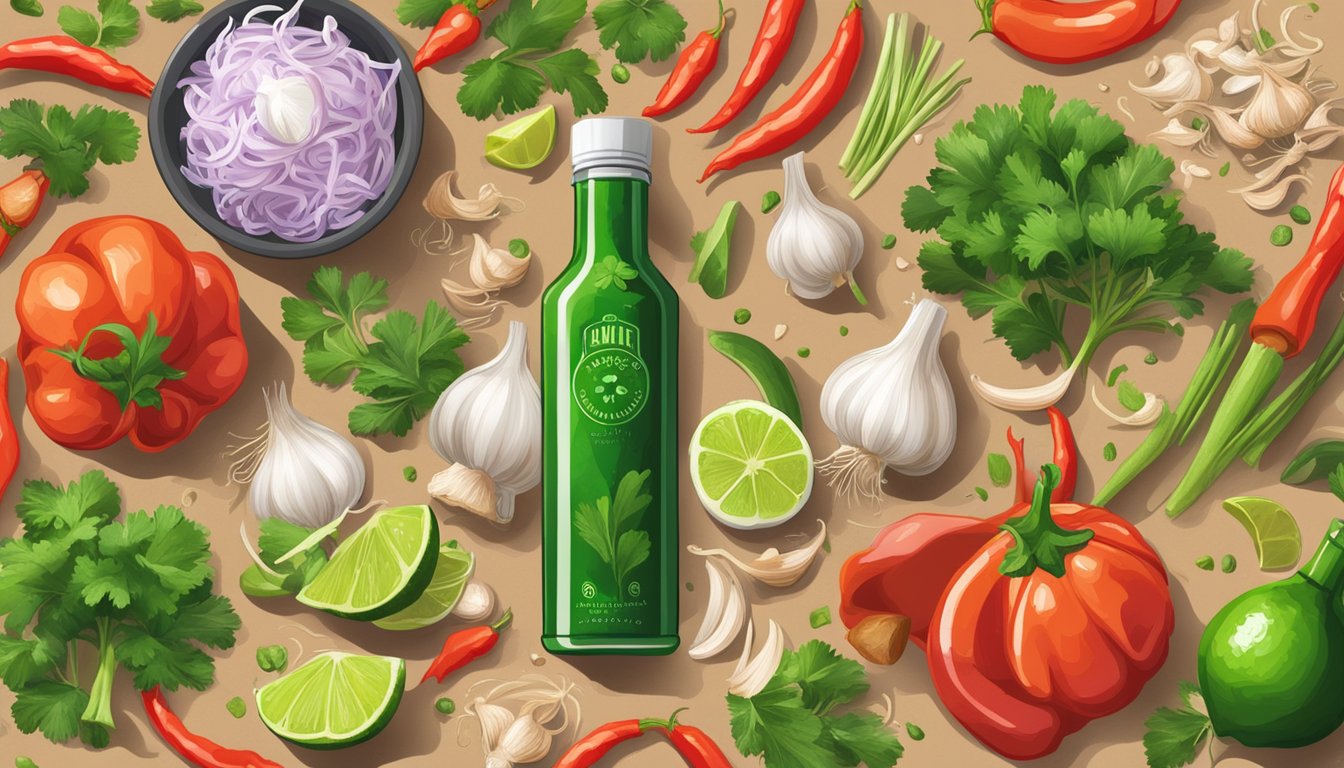 A bottle of Sriracha surrounded by vibrant ingredients like garlic, lime, and cilantro, with steam rising from a sizzling stir-fry