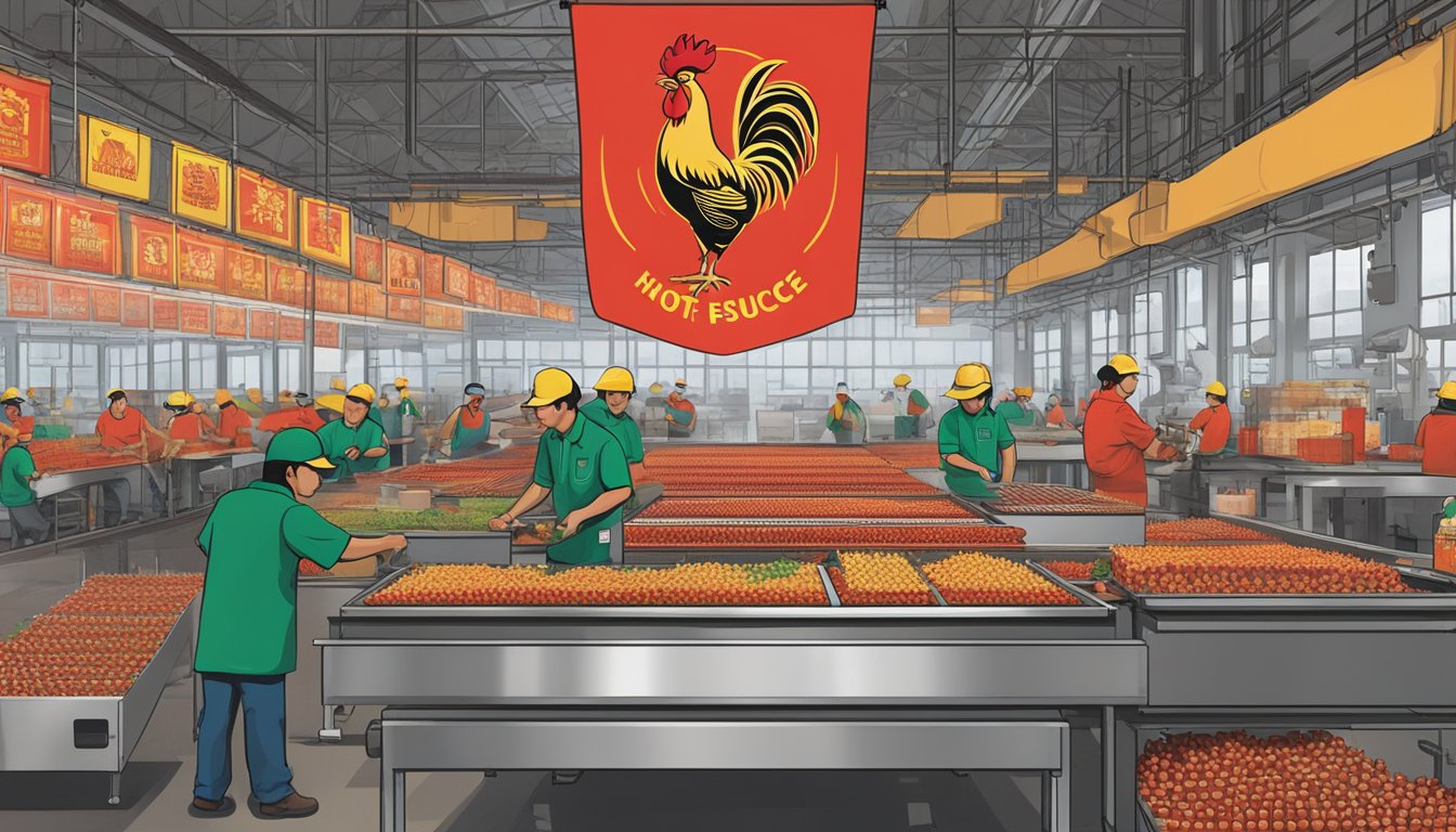 A bustling factory with workers bottling and labeling Huy Fong hot sauce, while a large banner displays the company's iconic rooster logo