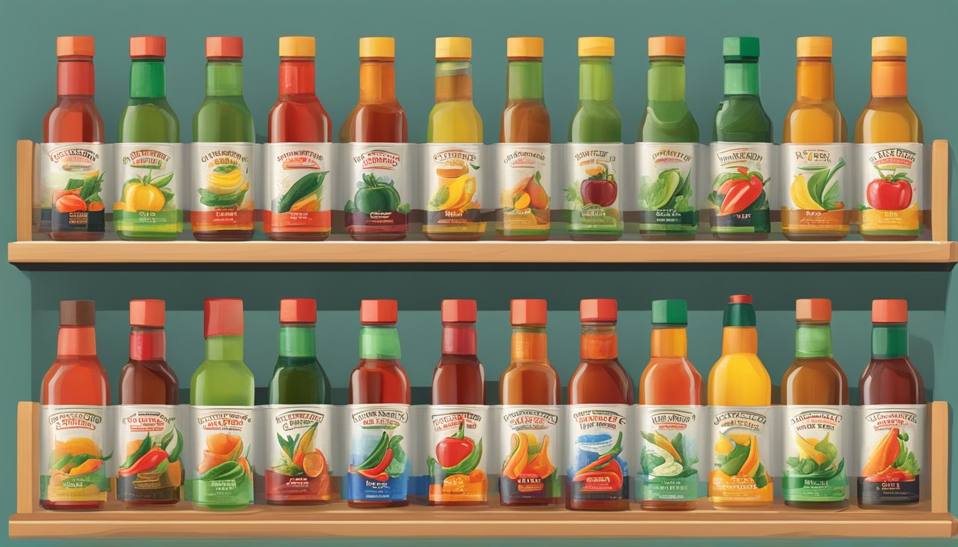 A variety of Huy Fong hot sauces arranged on a shelf with colorful labels and different sized bottles