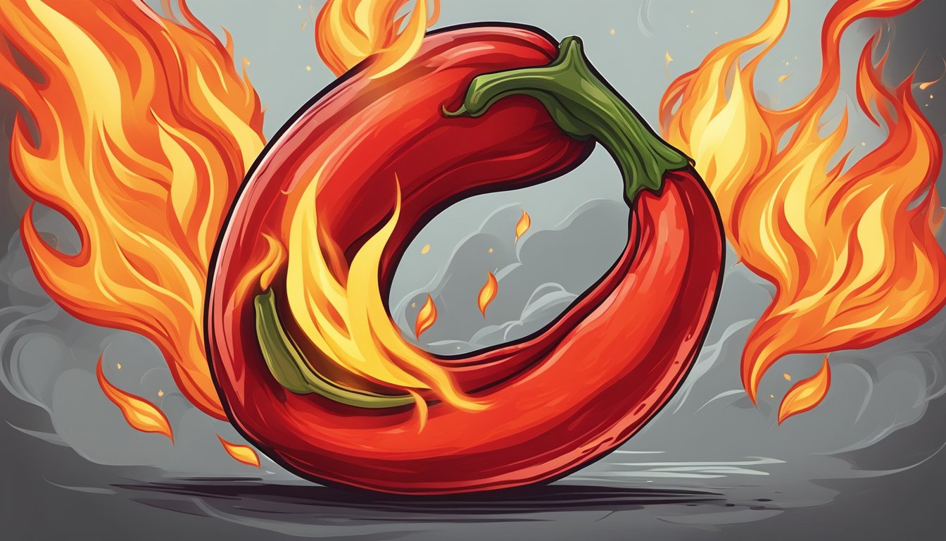 A fiery red chili pepper surrounded by flames and smoke, emitting a scorching heat