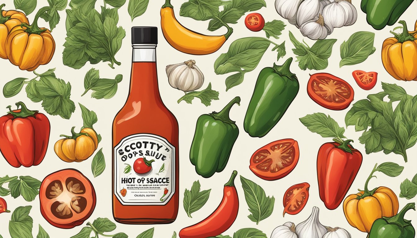 A bottle of Scotty O'Hotty hot sauce surrounded by fresh ingredients like peppers, garlic, and tomatoes, with a hint of smoke and sweetness in the air