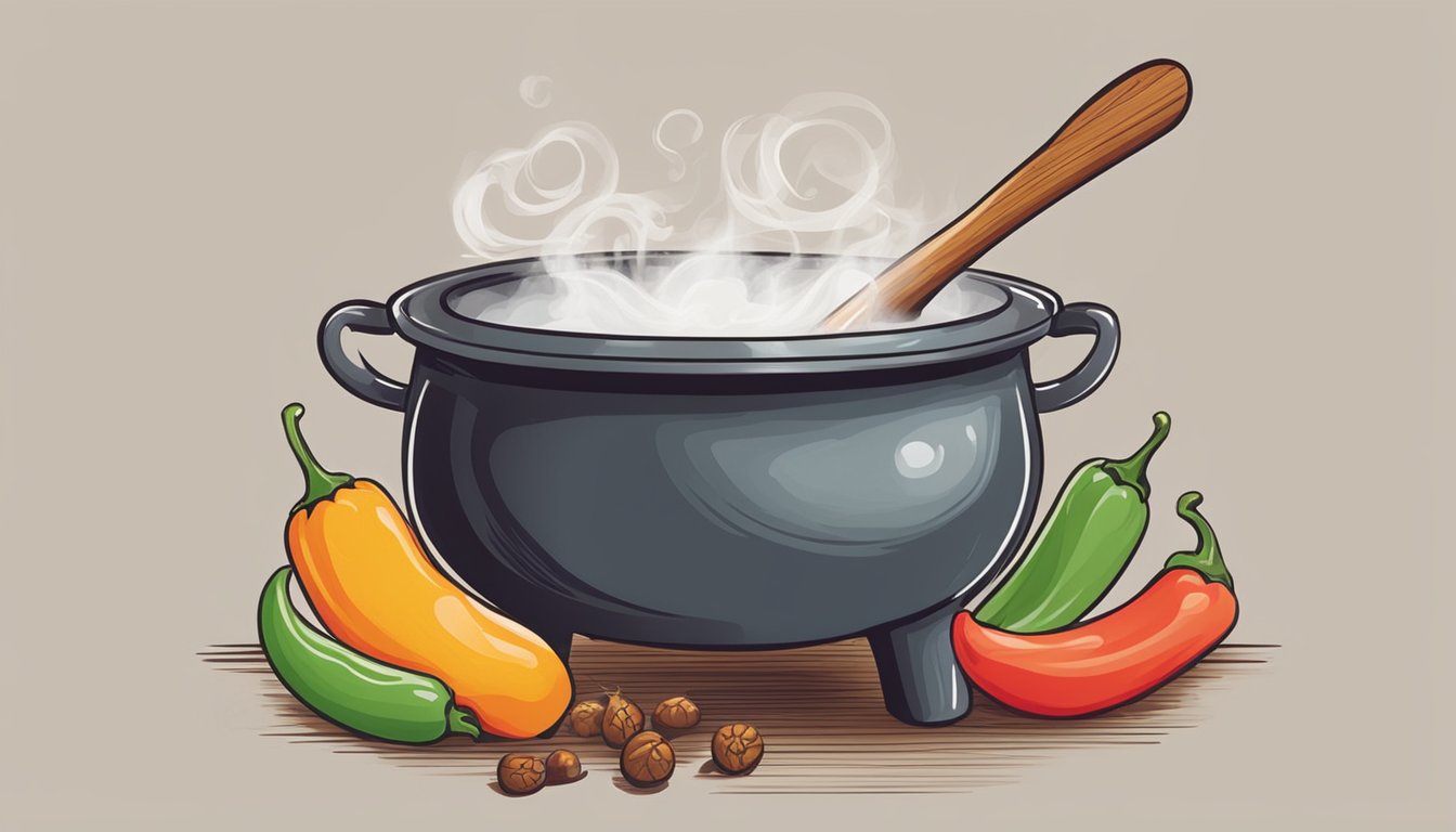 A bubbling cauldron of peppers and spices, steam rising. A figure stirs the mixture with a long wooden spoon