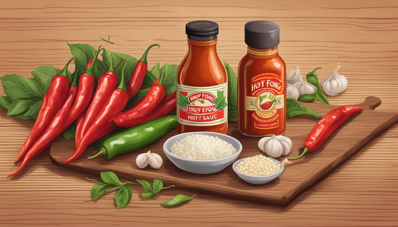 A bottle of Huy Fong hot sauce surrounded by fresh red chilies and garlic cloves on a wooden cutting board