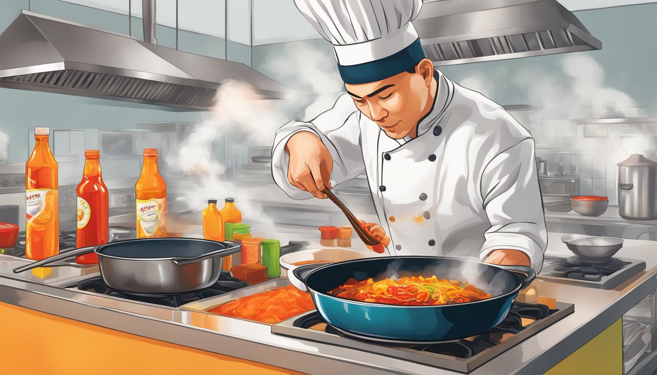 A chef adds a drop of Hellfire Hot Sauce to a sizzling pan of stir-fry, the fiery red liquid swirling and sending up spicy steam