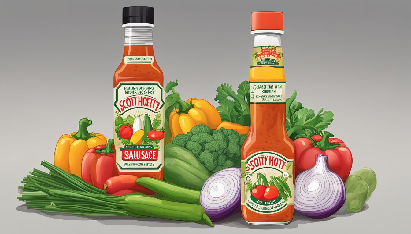 A bottle of Scotty O'Hotty hot sauce surrounded by fresh vegetables and a nutrition label