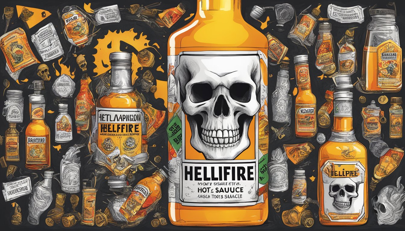 A skull-shaped bottle of Hellfire Hot Sauce surrounded by caution signs and warning labels