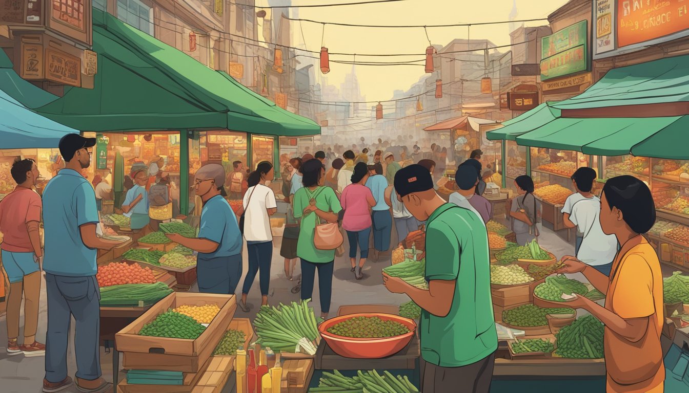 A bustling marketplace with diverse people enjoying food from various cultures, all featuring the iconic green-capped bottle of Huy Fong hot sauce