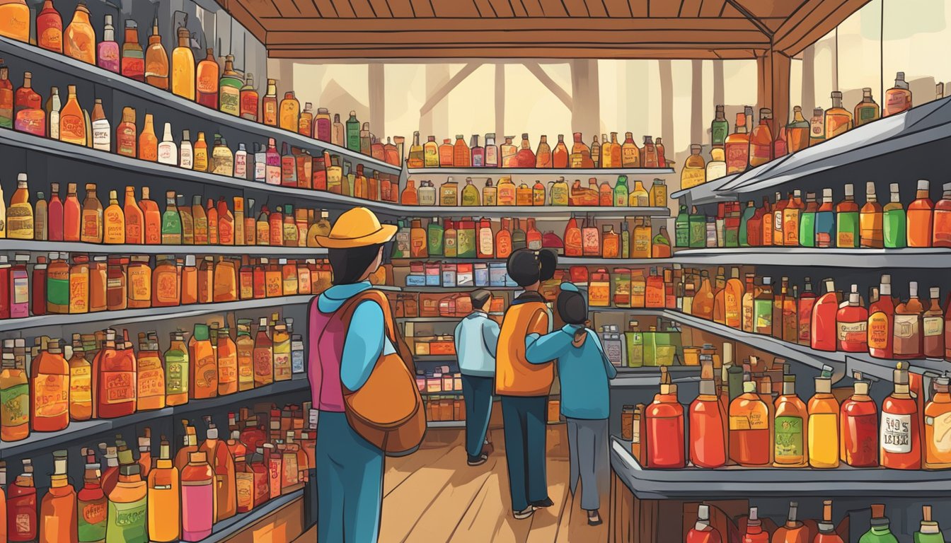 A crowded market stall with shelves of fiery hot sauces, including "Hellfire," displayed in colorful bottles. Customers sample and purchase the spicy condiment