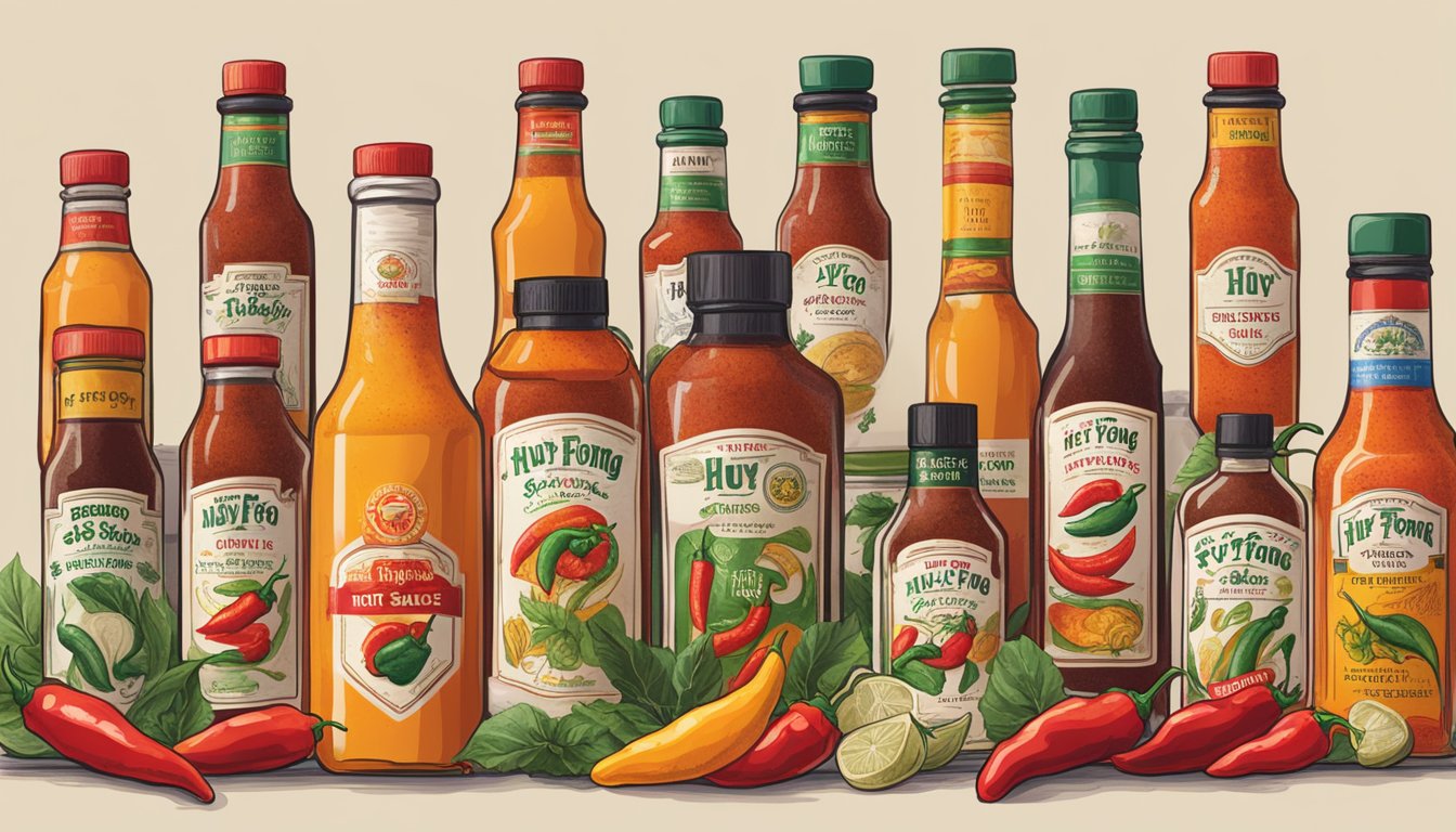 A table with various bottles of Huy Fong hot sauce lined up, surrounded by different types of spicy peppers and ingredients