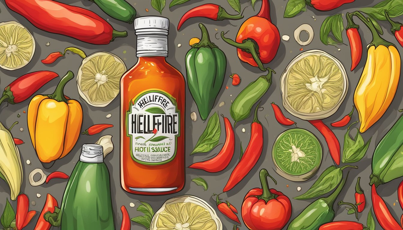 A bottle of Hellfire Hot Sauce surrounded by vibrant, organic chili peppers and other fresh, sustainable ingredients