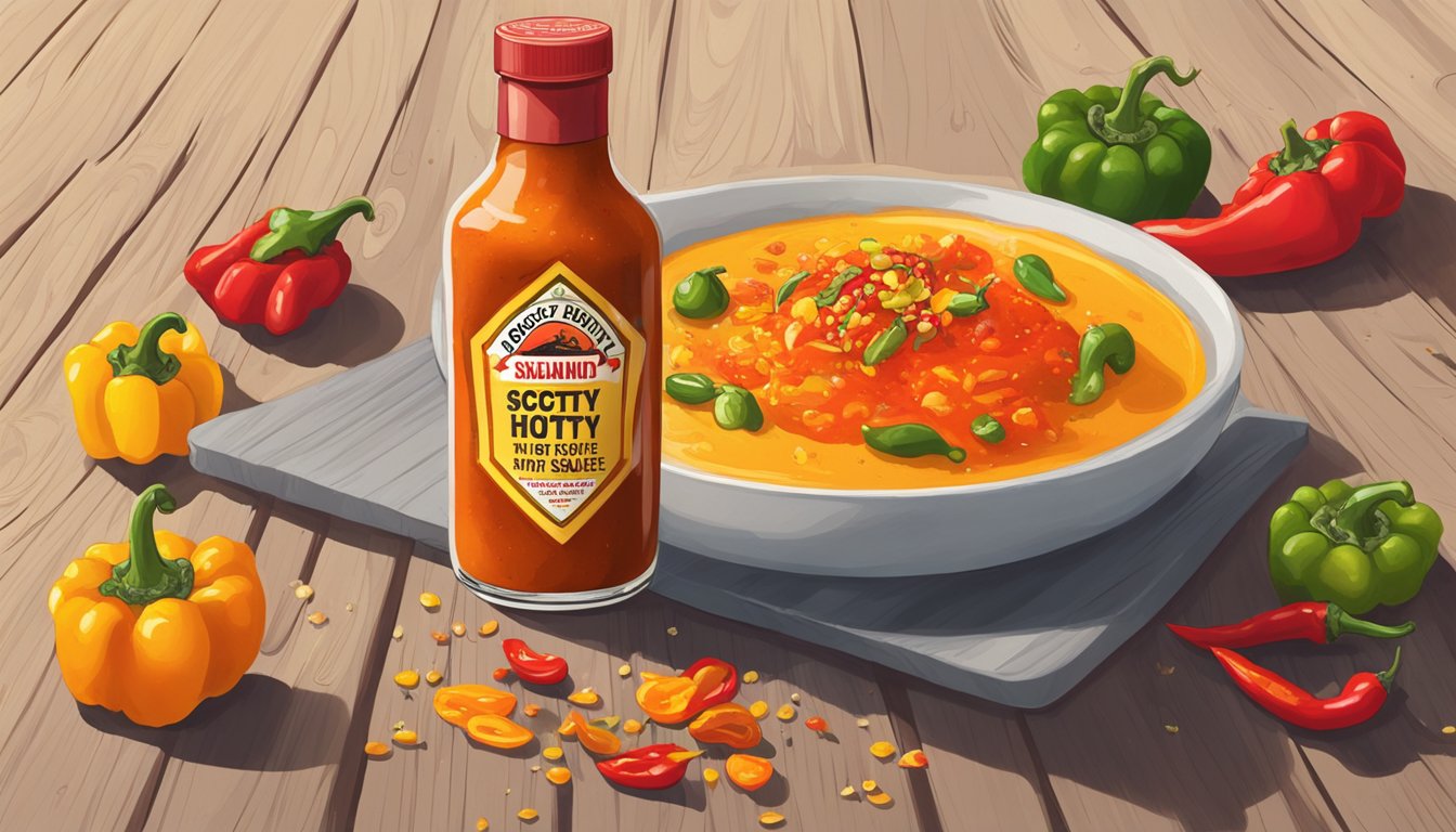 A bottle of Scotty O'Hotty hot sauce sits on a wooden table, surrounded by colorful peppers and chili flakes. A spoonful of sauce drips down the side of the bottle