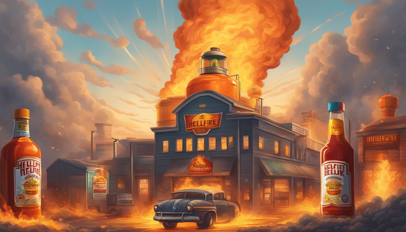 Bottles of Hellfire Hot Sauce exploding, flames engulfing the factory, smoke billowing into the sky